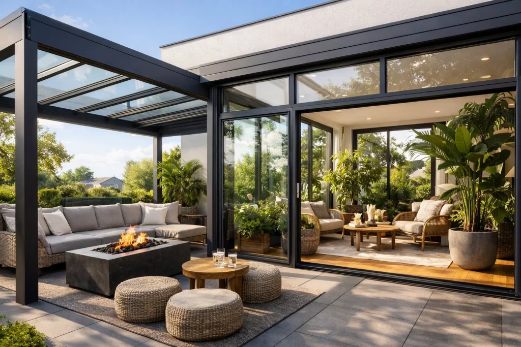 Ein moderner Außenbereich mit einer überdachten Terrasse und einem angrenzenden Wintergarten, umgeben von Pflanzen und Tageslicht.