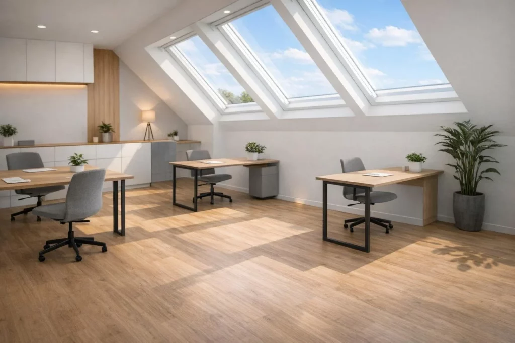 Was ist neu beim Dachgeschossausbau 2026. Ein Bürodachgeschoss