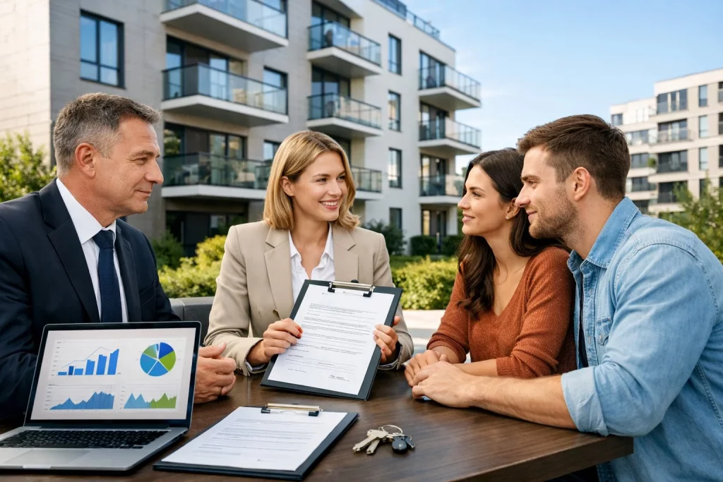 Geschäftsleute besprechen sich vor modernen Wohn- und Geschäftsgebäuden mit Gebäuden im Hintergrund.