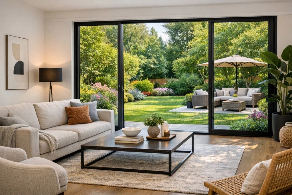 Ein modernes Wohnzimmer mit großer Fensterfront