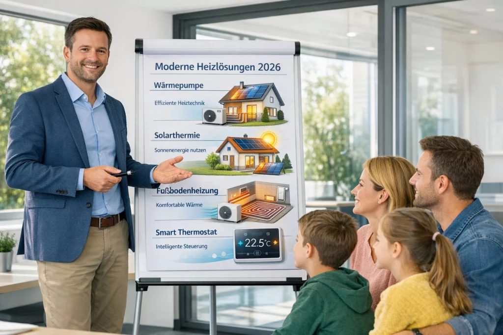 Ein Energieberater zeigt einer Familie Unterschiedliche Beheizungsarten 2026
