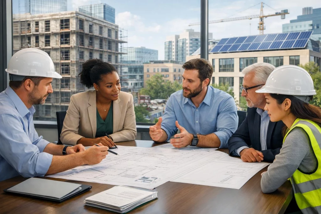 Mehrere Fachleute besprechen Pläne in einem modernen Büro mit Blick auf Gebäude unter Renovierung.