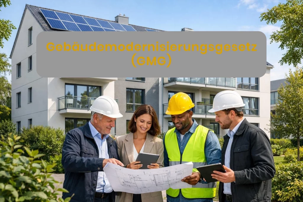 Modernisiertes Wohngebäude mit Solarpaneelen und Fachleuten, die Pläne besprechen.