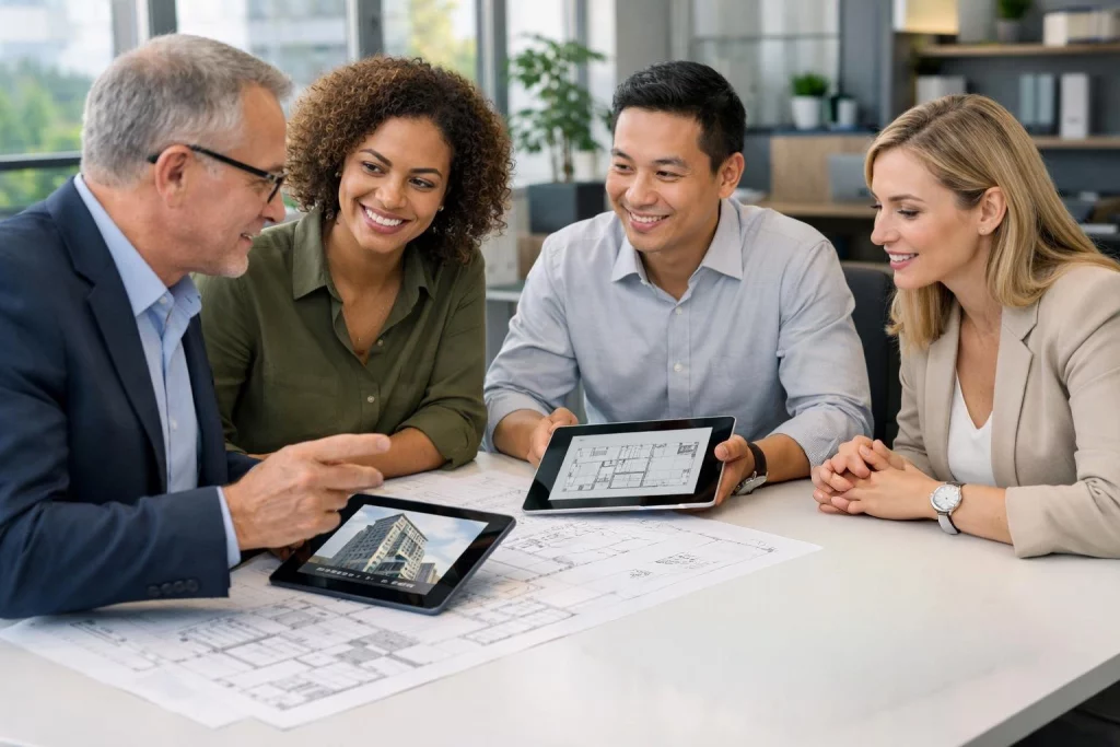 Eine Gruppe von Fachleuten diskutiert in einem modernen Büro über Gebäudemodernisierung, umgeben von Bauplänen und Modellen.