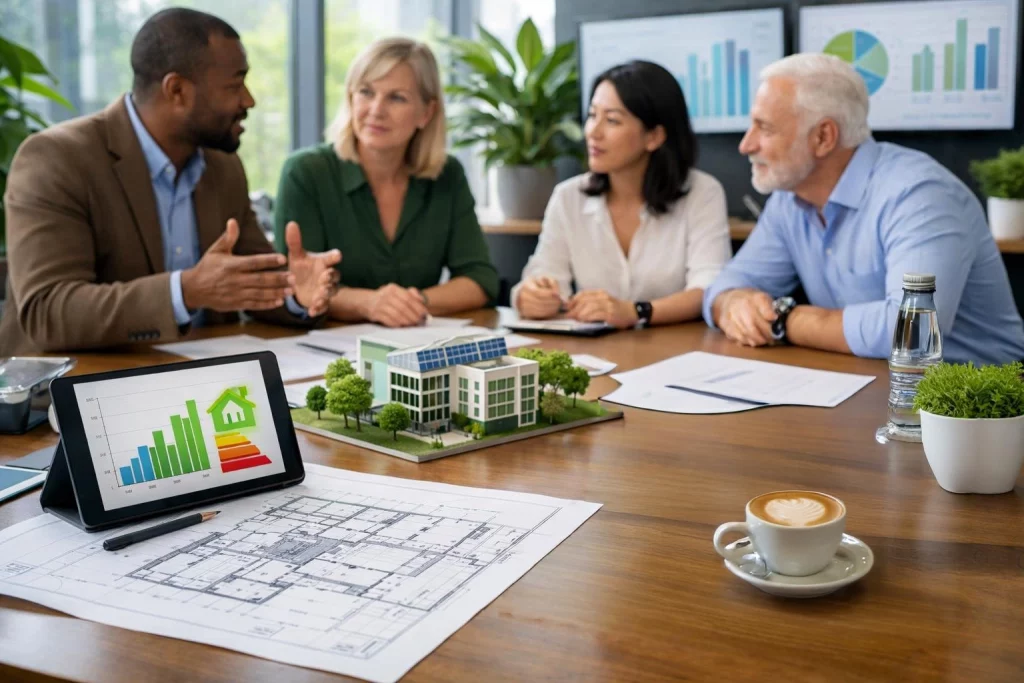 Mehrere Fachleute diskutieren in einem modernen Büro über Baupläne und Energieeffizienz für Gebäudemodernisierung.