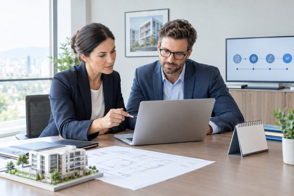 Eine Notarin und ein Immobilienprofi prüfen gemeinsam einen digitalen Immobilienvertrag am Schreibtisch.
