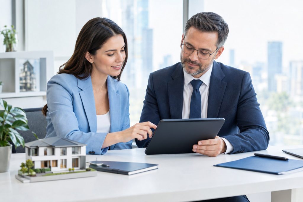 Eine Immobilienfachkraft und ein Notar prüfen gemeinsam digitale Notarverträge auf einem Tablet.