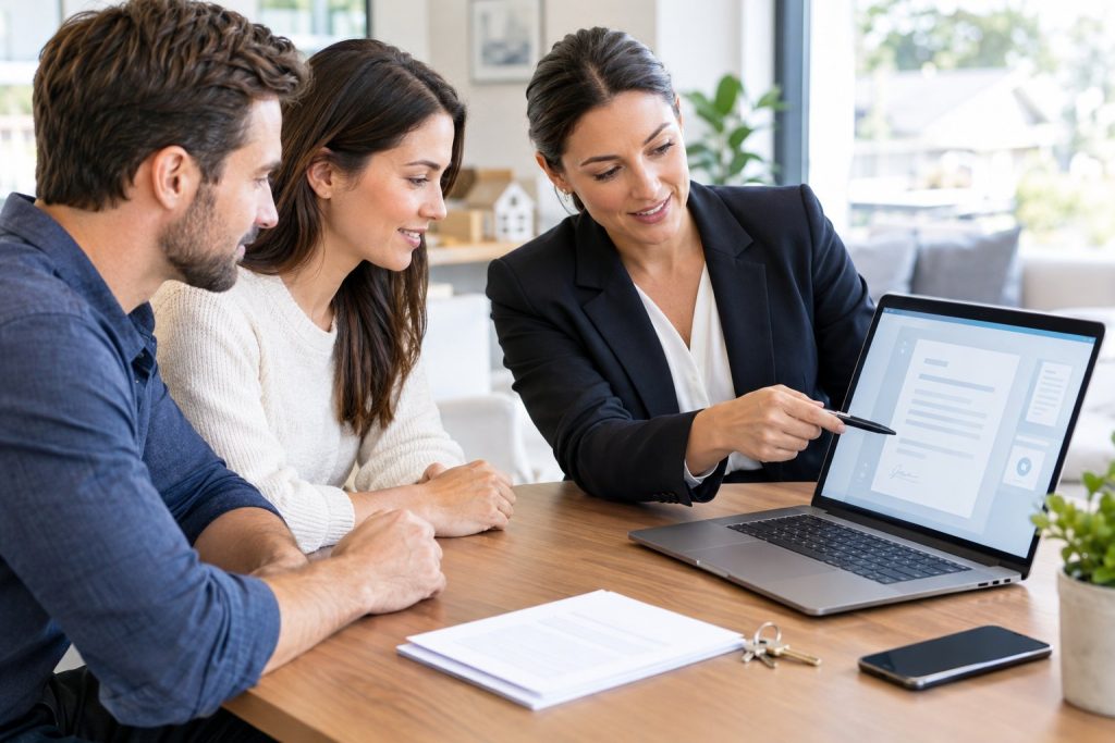 Ein Verkäufer und eine Käuferin besprechen mit einer Notarin einen digitalen Immobilienvertrag am Laptop.